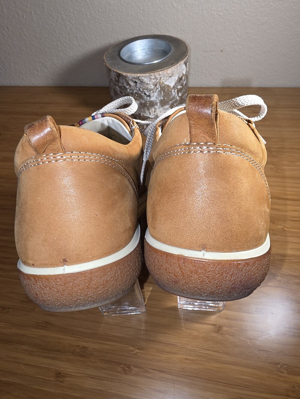 Ecco Women's Tan Suede Lace-Up Sneakers with White Laces and Striped Tongue - Picture 3 of 16